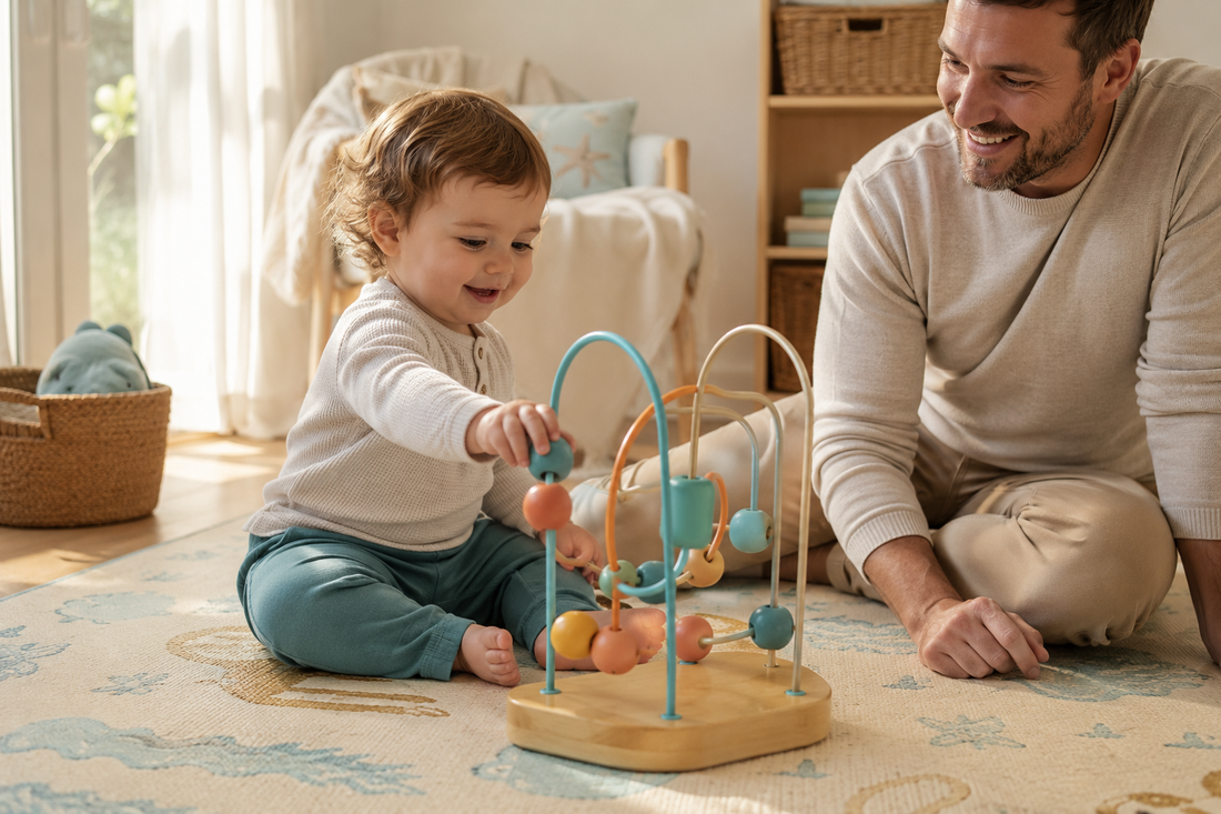 Tout-petit faisant glisser les perles d’un boulier sous le regard de son père.