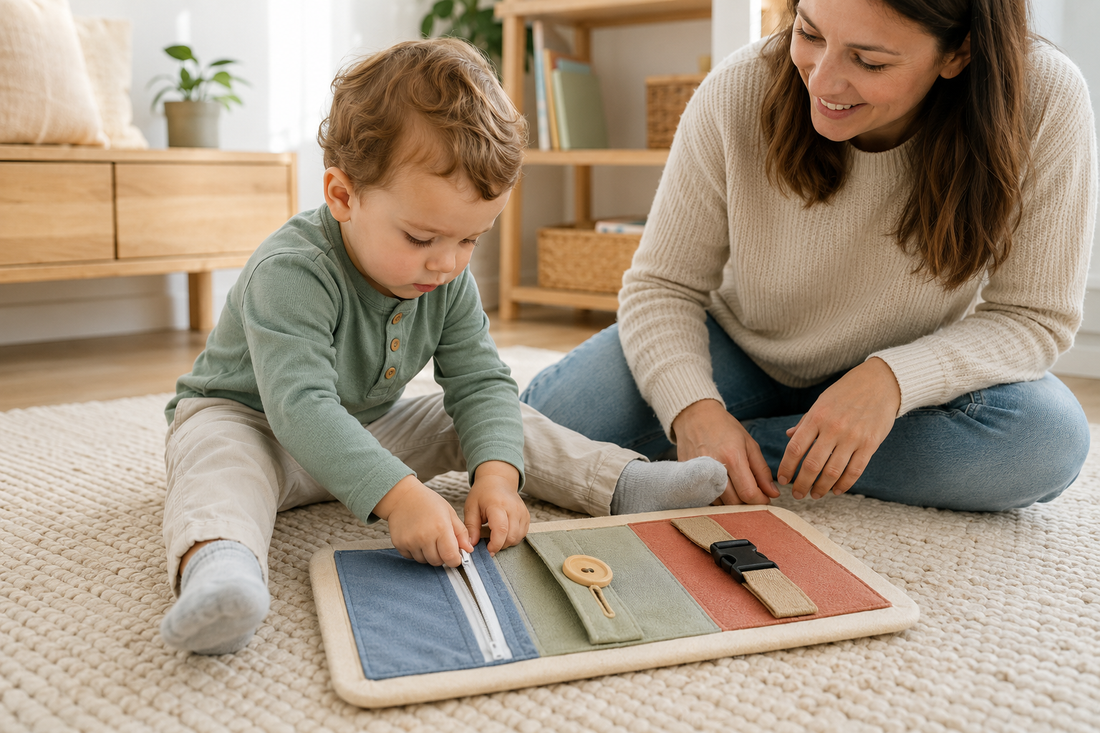 Tout-petit manipulant la fermeture d’un tableau d’habillage sous le regard encourageant de sa mère.