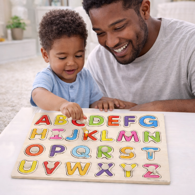 Puzzle-bois-Alphabet-planche-encastrement-papa-garcon