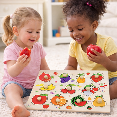 Puzzle-bois-Fruits-planche-encastrement-deux-filles-fruits