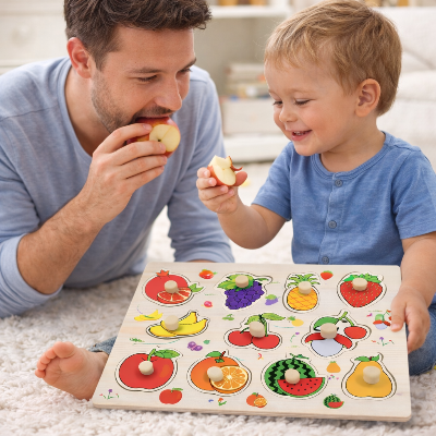 Puzzle-bois-Fruits-planche-encastrement-fils-papa-fruits