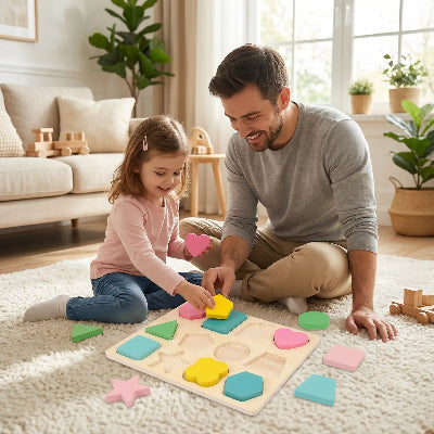 Puzzle-bois – formes-pastelles-planche-papa-fille