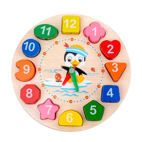jouet-en-bois-horloge-manchot-couleurs-vives