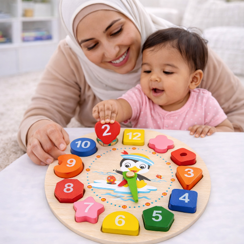 jouet-en-bois-horloge-manchot-maman-bebe-jouent
