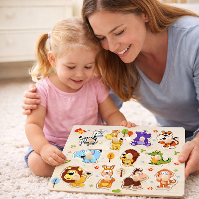 puzzle-bois-reconnaitre-animaux-maman-fille